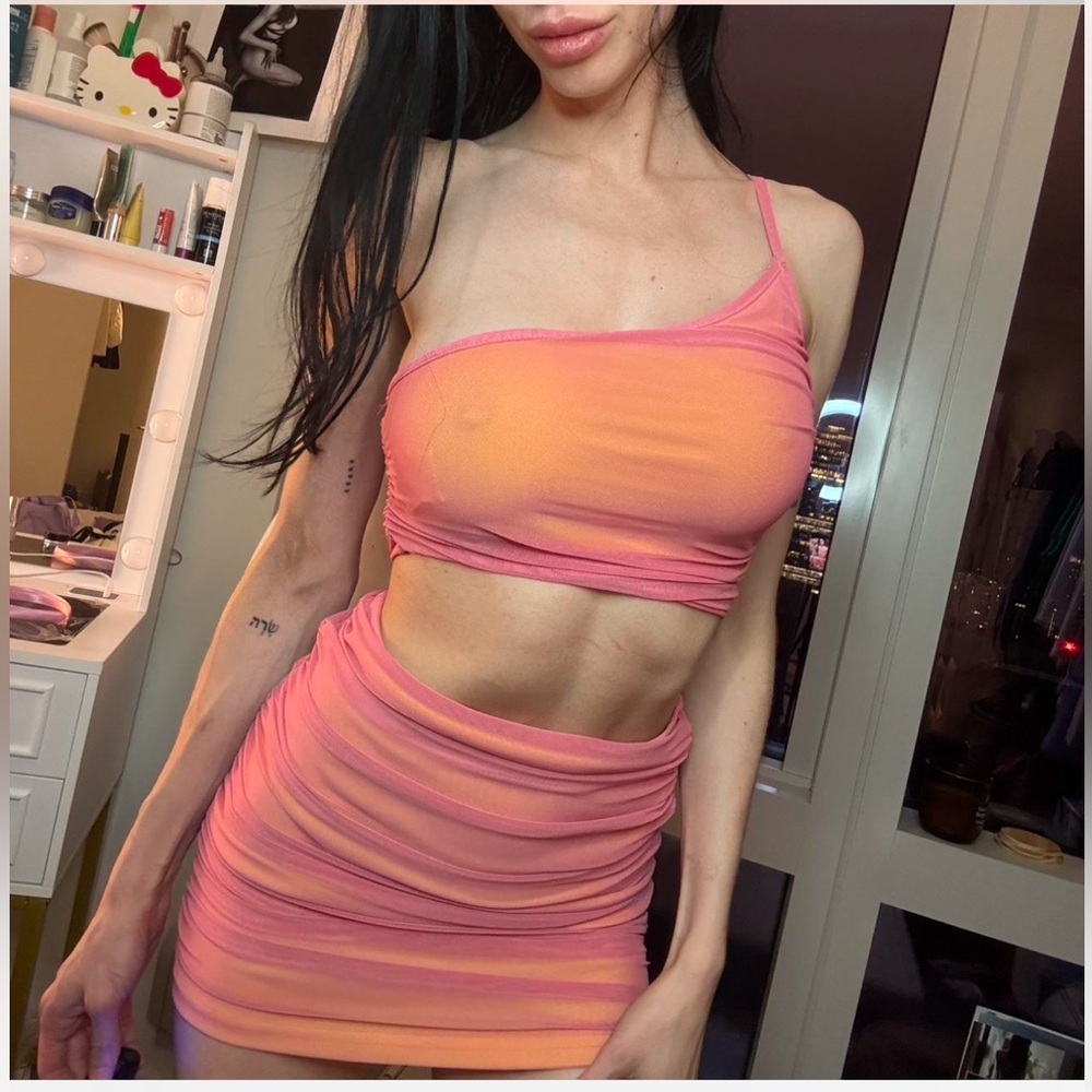 Bi color pink yellow & orange 2 piece set mini skirt and cami together size XS